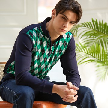 Pierre Cardin 男裝 前片印花菱格配色立領拉鍊長袖POLO衫-丈青色 (5235207-38)