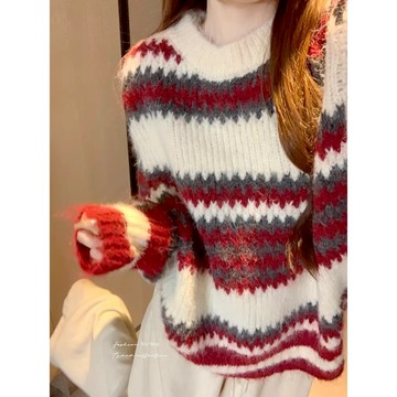 BAi白媽媽 撞色毛衣／韓系紅色粗針顯瘦寬鬆保暖上衣－台灣現貨 隔日到貨【350739】