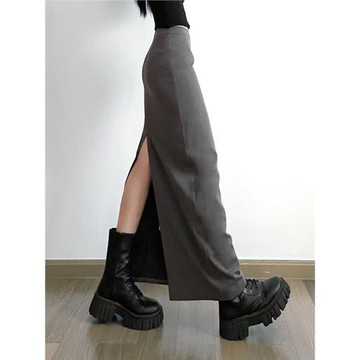 gagaopt2025新款秋季高級感灰色開叉半身裙高腰包臀顯瘦西裝長裙