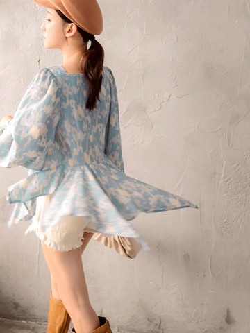 配色渲染不規則層次下襬長袖上衣