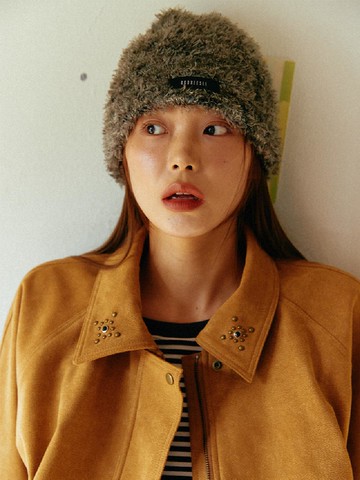 Hairy Knit Beanie Hat (Khaki)