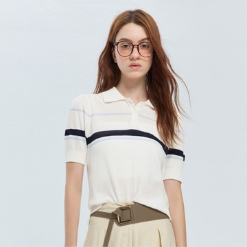 SO NICE 運河藍鹽系通勤風Polo領撞色條紋冰絲針織上衣