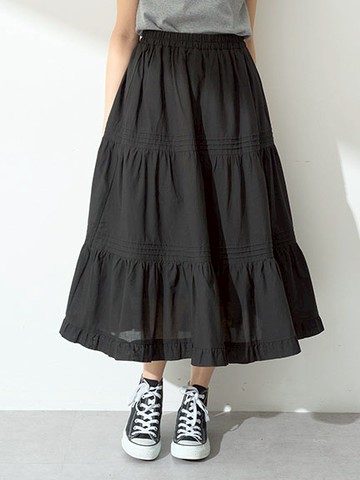 素面腰際鬆緊棉質分層式剪裁長裙(01000536400) - earth music&ecology