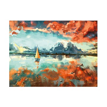 24mama 掛畫 單聯式 日落時分 藝術繪畫 雲 天空 倒影 無框畫  60 x 80cm  海洋中船 多色