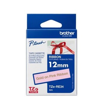 【Brother 兄弟】TZe-RE34 緞帶標籤帶 粉底金字 12mm