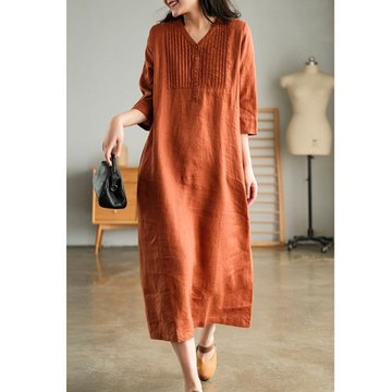 單排扣五分袖V領連衣裙女2025夏新款文藝復古休閑寬松棉麻長裙女