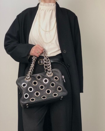 【日本直送 名牌二手包】PRADA 普拉達 手提包 黑色 Logo 皮革 鍊條 vintage 古董 iubjy2