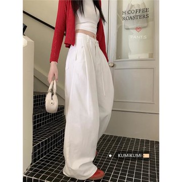 白色寬松壓褶褲子闊腿褲牛仔褲女秋冬高腰直筒慵懶休閑褲拖地長褲