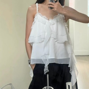 三色實拍 韓國東大門 超美花邊不規則吊帶上衣女 設計感吊帶背心女 短版上衣 雪紡上衣 灰色吊帶 夏天女裝