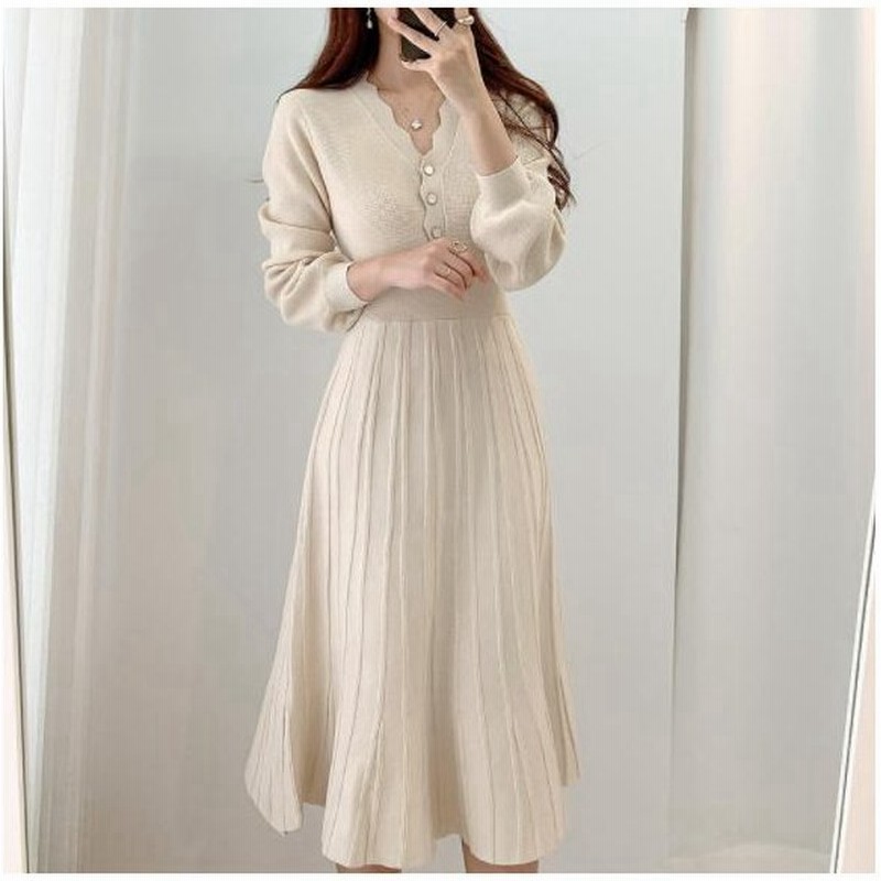 ニットワンピース Vネック ミディ丈スカート ハイウエスト 清楚系 プリーツ レディース Ol アプリコット 通販 Lineポイント最大get Lineショッピング