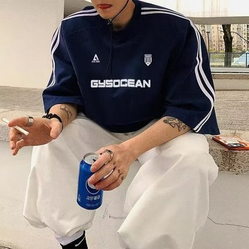 新竹出貨 韓版短袖T恤 世足風 重磅 圓領 落肩 大尺碼 三條杠短袖 撞色拼接 休閒寬鬆 男女可穿 情侶款 交換禮物