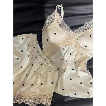 帶胸墊套裝！冰絲短褲吊帶睡衣女純欲風性感蕾絲花邊家居服兩件套