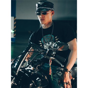 美式街頭滑板青年日系復古嘻哈潮牌高山隆獨眼骷髏機車短袖T恤男