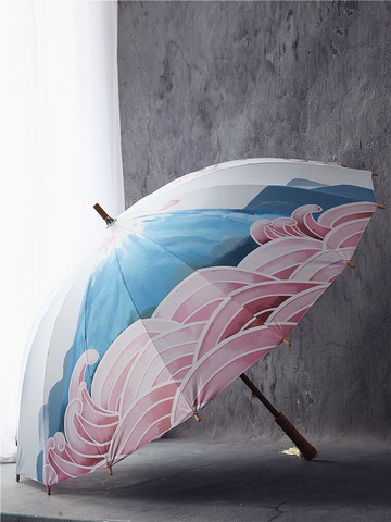 原創山與櫻花水粉日式古風零透光黑膠遮陽太陽傘長柄直桿竹傘