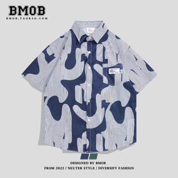 BMOB美式復古撞色拼接短袖襯衫男女夏季潮牌寬松休閑痞帥襯衣外套