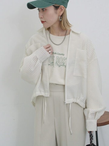 可愛泡泡感橫壓紋透膚翻領夾克(0F000518210) - Samansa Mos2 blue