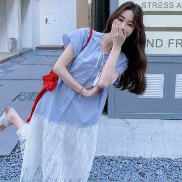 [巴黎精品] 現貨+預購 高級法式長洋裝中長裙洋裝連身裙子A字裙大碼寬鬆休閒女裝-短袖拼接女裙子a1ku58