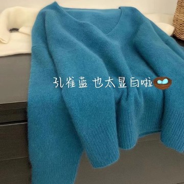 💕甜心大尺碼💕大尺碼上衣 浣熊絨藍色v領毛衣針織衫女秋冬外穿寬松慵懶風軟糯短款套頭上衣