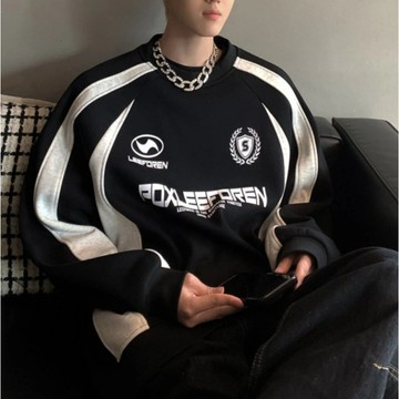美式高街球服 oversize上衣 圓領長袖 男款 潮流寬鬆打底衫 秋冬款 圓領T恤 日系穿搭 男女可穿