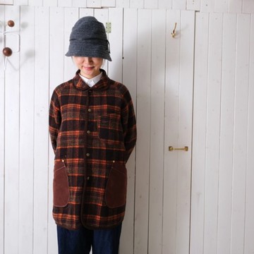 雙面穿羊毛大衣 米色×橘色格紋