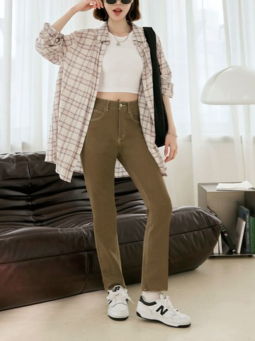 彈力棉質素色不收邊褲管長褲