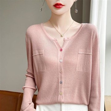 【米蘭精品】現貨+預購針織外套防曬罩衫-精紡羊毛V領彩扣女外套6色74lc72