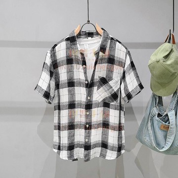 黑白格子亞麻短袖襯衫男士港風日系潮流時尚百搭棉麻寬松半袖襯衣夏季薄款【倪醬】