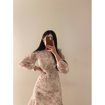 🇰🇷Korea韓國連線·正韓 V領抓皺碎花雪紡洋裝 連身裙 連身洋裝 短洋裝 碎花洋裝 氣質洋裝 韓國代購 東大門