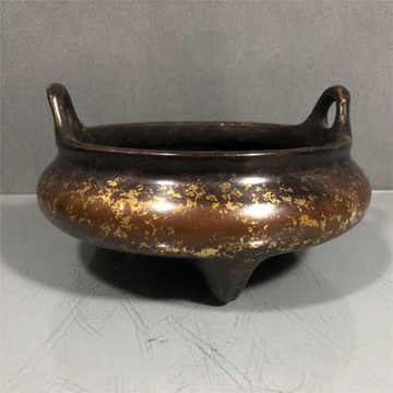 老件紫銅灑金雙龍圖琴書居款高10*20*17公分3公斤橋耳香爐擺件