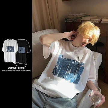 【DOUBLE4】立體牛仔貼布短袖上衣 刺繡 男女 男裝 短袖 D38