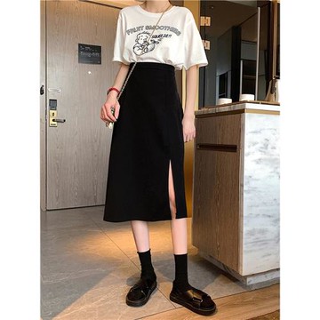 黑色半身裙女開叉中長大碼胖MM2025薄款小個子高腰a字夏季長裙夏