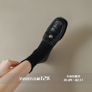 FairyWink 復古girl～！方頭金屬扣小皮鞋女英倫風樂福鞋低跟單鞋