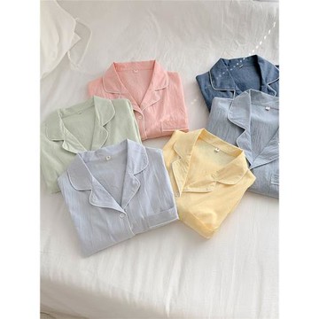 舒適 |情侶純棉睡衣女春秋日系閨蜜長袖純色水洗棉男士家居服