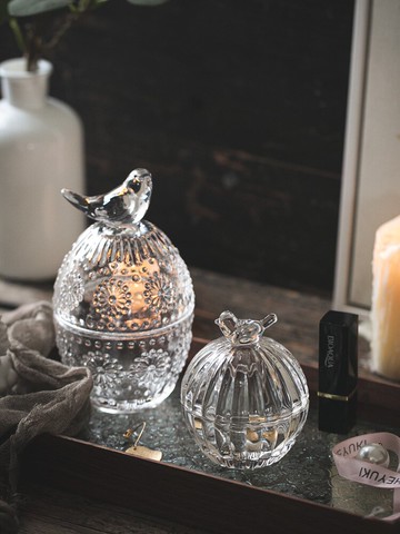 中古復古小鳥玻璃收納盒透明浮雕化妝棉簽收納首飾收納桌面裝飾