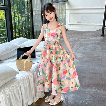 女童洋裝 兒童吊帶裙 夏裝連身裙 兒童長裙 夏季洋氣連衣裙 大童洋裝 女裝沙灘裙 背心裙 洋裝長裙【不二雜貨】