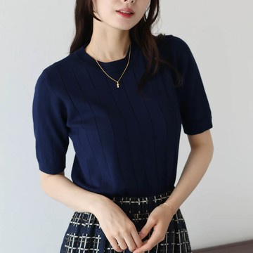 日本 BLUE EAST - 羅紋彈性薄針織短袖上衣-海軍藍