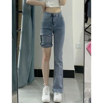 淺色高腰牛仔褲女秋季大碼胖mm修身顯瘦梨形身材彈力闊腿微喇叭褲