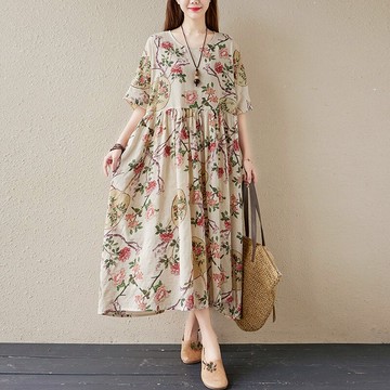 夏季新款民族風復古文藝大碼胖MM花色棉麻寬松顯瘦短袖連衣裙
