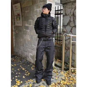 美式復古重磅拼接燙鉆原牛伐木牛仔褲男女cleanfit寬松休閑闊腿褲