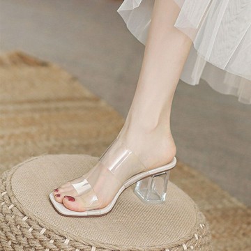 跟高5cm 涼鞋女夏季平底軟皮時尚水晶透明高跟鞋女涼拖鞋外穿【淘夢屋】