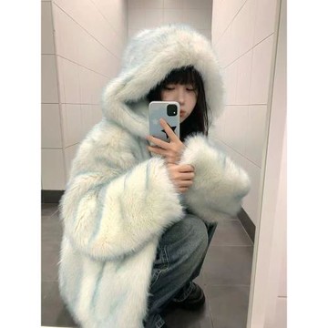 2025冬新款漸變藍仿狐貍毛皮草外套女環保毛毛大衣加厚保暖上衣