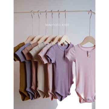 夏季新款嬰童寶寶新生兒舒適莫代爾棉螺紋純色短袖哈衣包屁連身衣