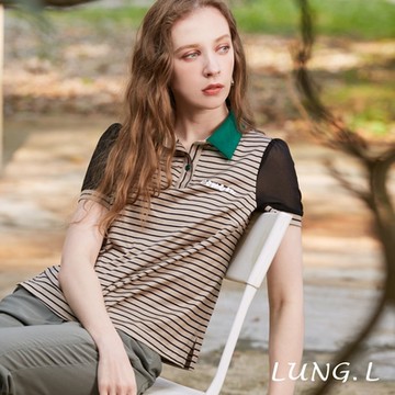 LUNG.L林佳樺 卡其色配黑色條紋綠色領片短袖上衣LP08A