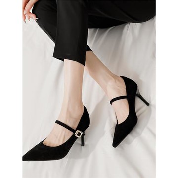 黑色尖頭瑪麗珍高跟鞋女細跟2025新款法式氣質一字帶淺口配裙單鞋