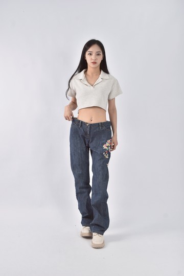 (2XL) jessica丹寧牛仔刺繡藍色長褲