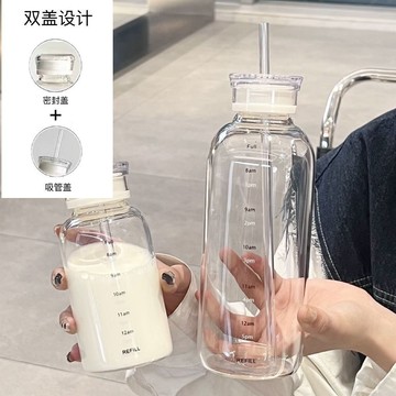 晴晴媽咪❤冷熱隨行杯 吸管杯 玻璃杯 玻璃吸管杯 咖啡杯 耐熱玻璃杯 可樂杯 高硼硅水杯 飲料杯高顏值玻璃杯兩用雙蓋時間