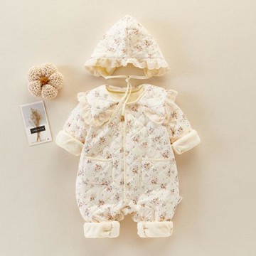 新款嬰兒洋氣冬裝女寶寶翻領碎花爬爬服新生兒冬季加絨加厚連體衣
