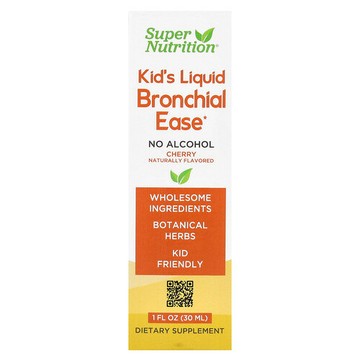 Super Nutrition, 兒童液體支氣管緩解配方含歐文無根、新鮮巴拉圭茶葉、甘草根、毛蕊葉，無乙醇，櫻桃味，1 液量盎司（30 毫升）