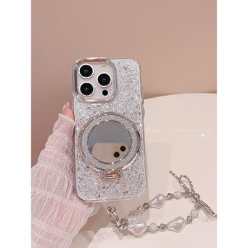 閃粉鏡子支架適用蘋果16promax手機殼新款女iphone15pro帶掛繩手鏈14高端高級感13奢華12硅膠全包防摔保護套