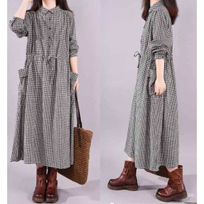 ロング丈 ギンガムチェック ワンピース 綿100 コットン レディース 春 秋 長袖 ワンピ チェック柄 ひざワンピ ゆったり 大きいサイズ 通販 Lineポイント最大get Lineショッピング